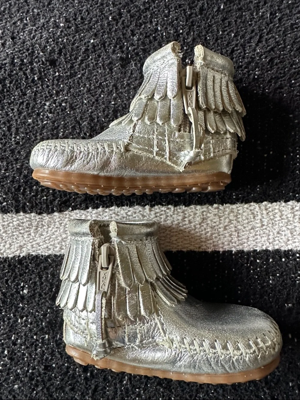 Minnetonka Silver Metallic Fringe Baby Moccasin Boots